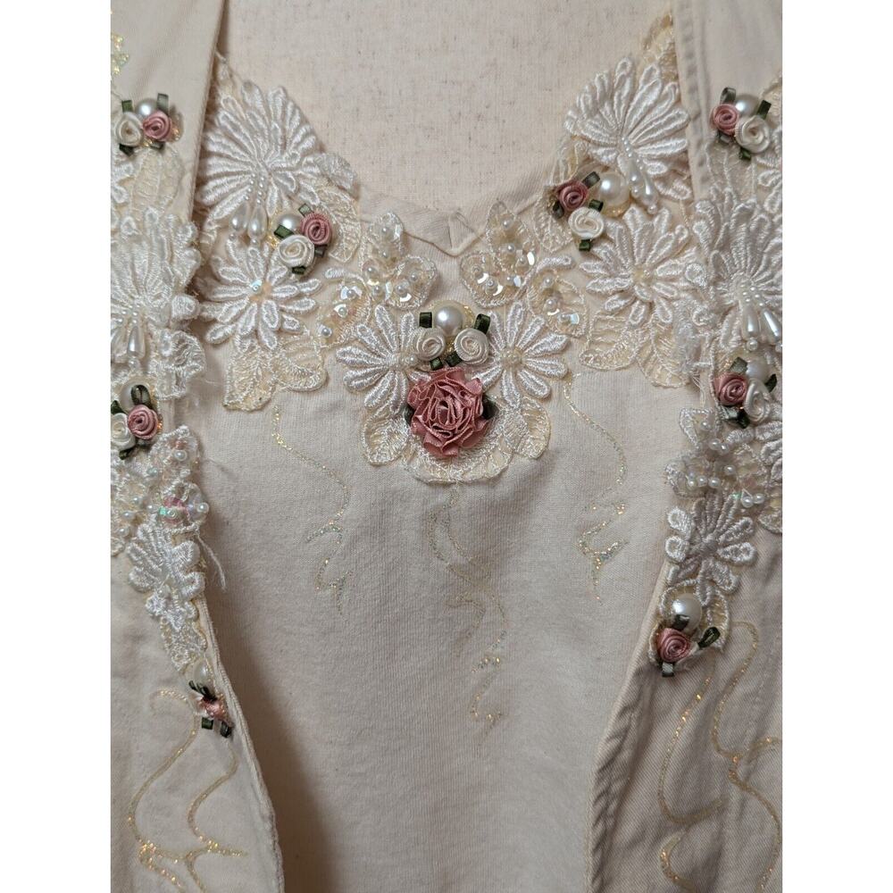 Vintage Cactus Ivory Shirt Vest Set Womens L Pearls Beads Embroidered Sequins - Picture 6 of 15